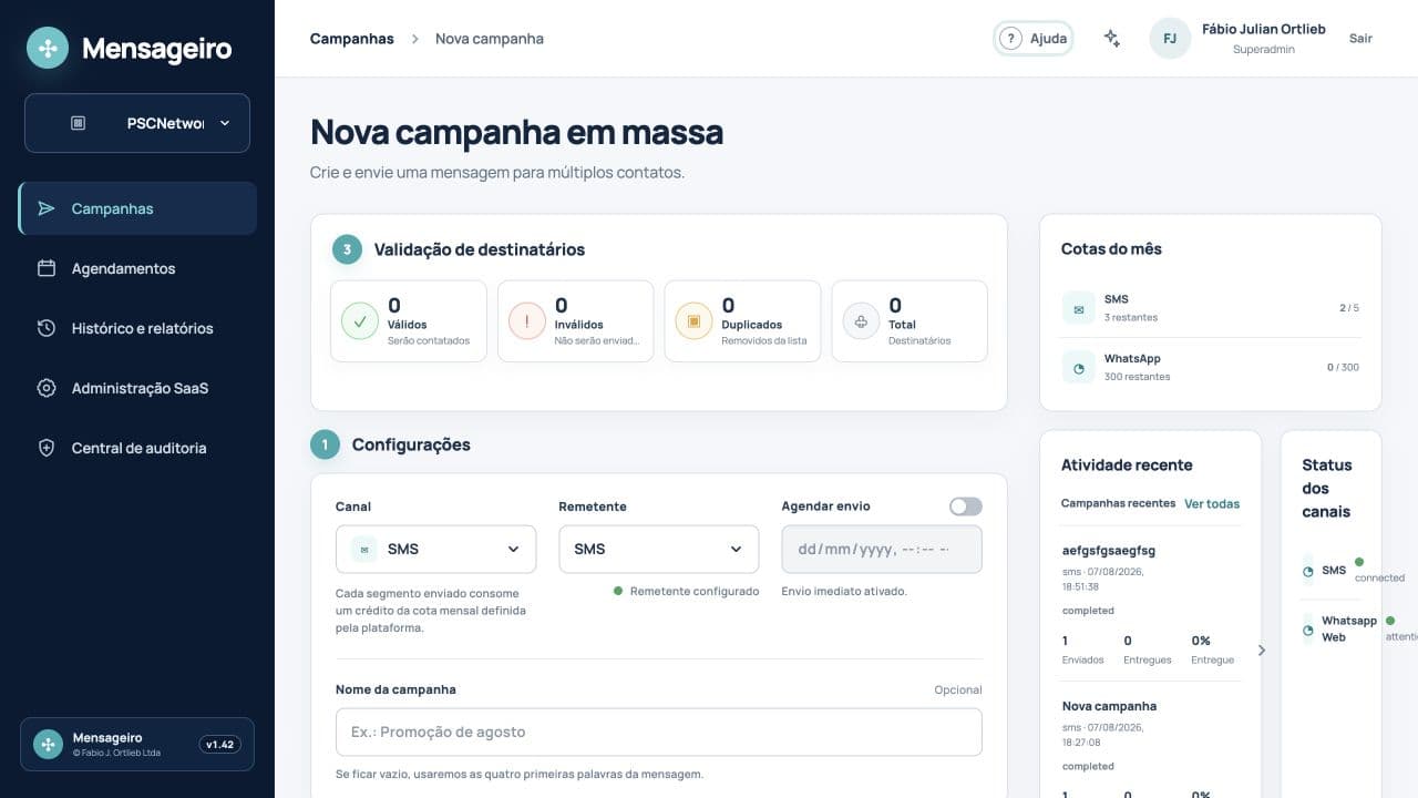 Tela de criação de campanhas do Mensageiro